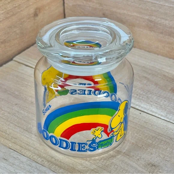 Vintage 1958 1965 Peanuts SNOOPY WOODSTOCK Glass Goodies Candy Jar with Lid - Picture 2 of 6